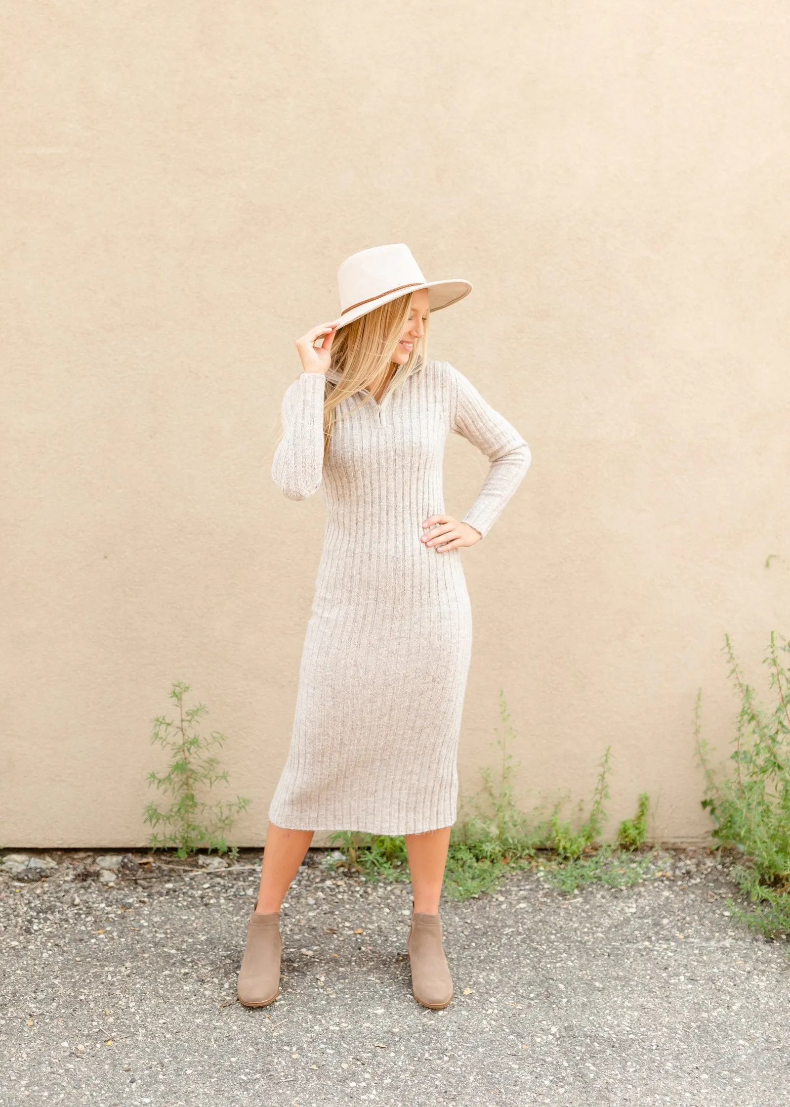 Oatmeal Rib Knit Turtleneck Dress