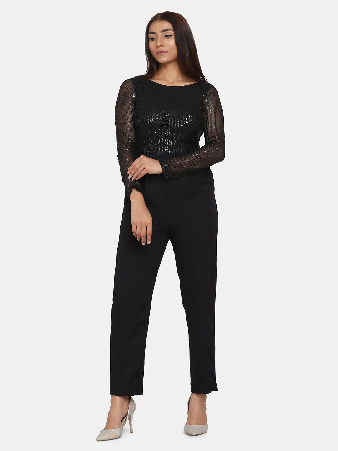 Office Party Sequin Stretch Jumpsuit for Women - Black