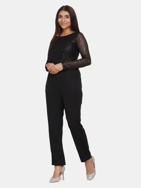 Office Party Sequin Stretch Jumpsuit for Women - Black