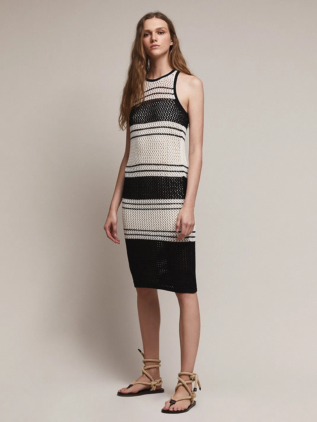 Open Knit Stripe Dress -- Off White Multi