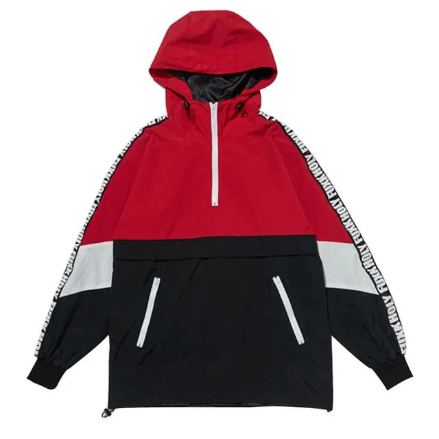 Patchwork Color Hooded Pullover Zippered Jacket