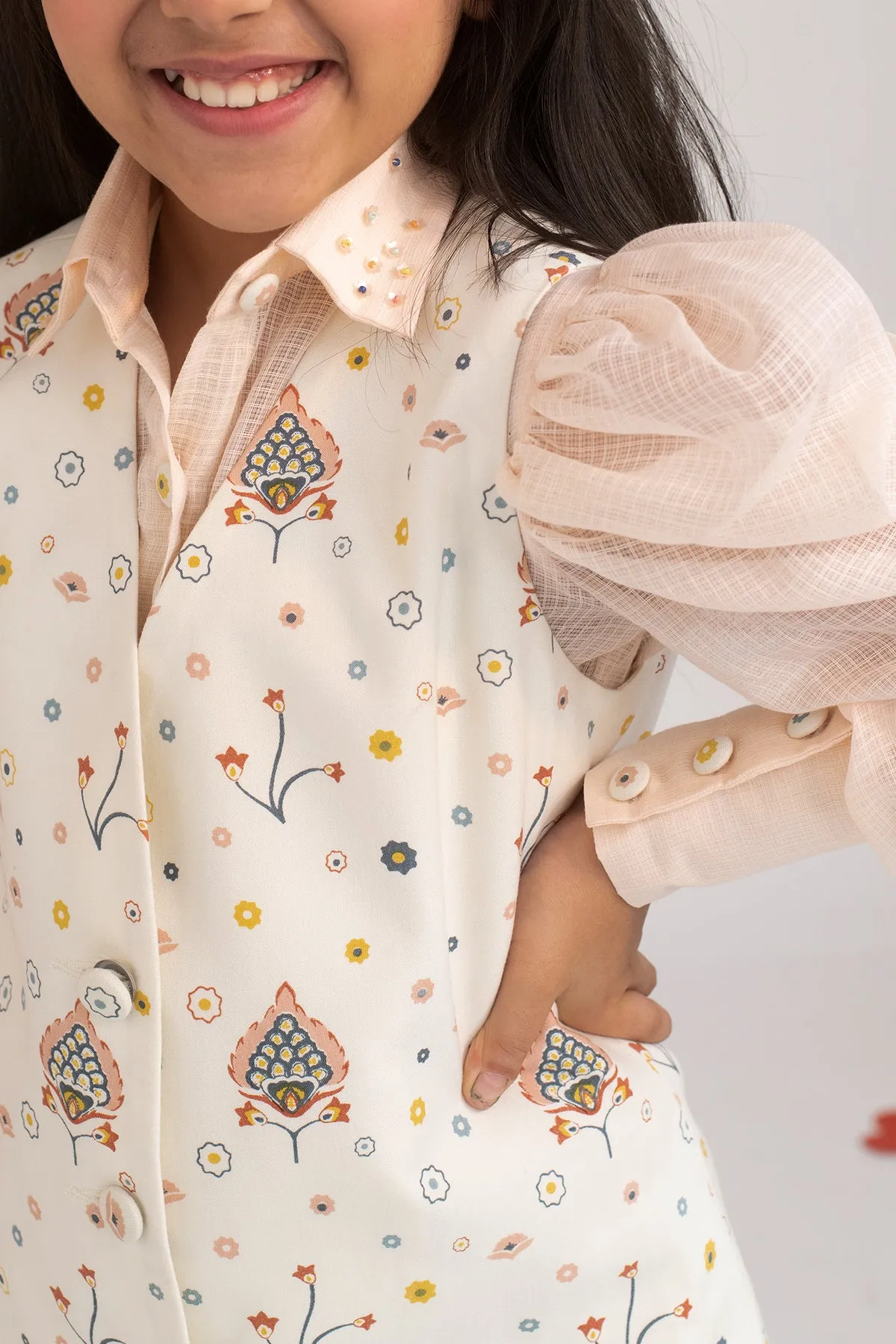 Peony Field- Printed Blazer Dress With Kota Doriya Shirt For Girls