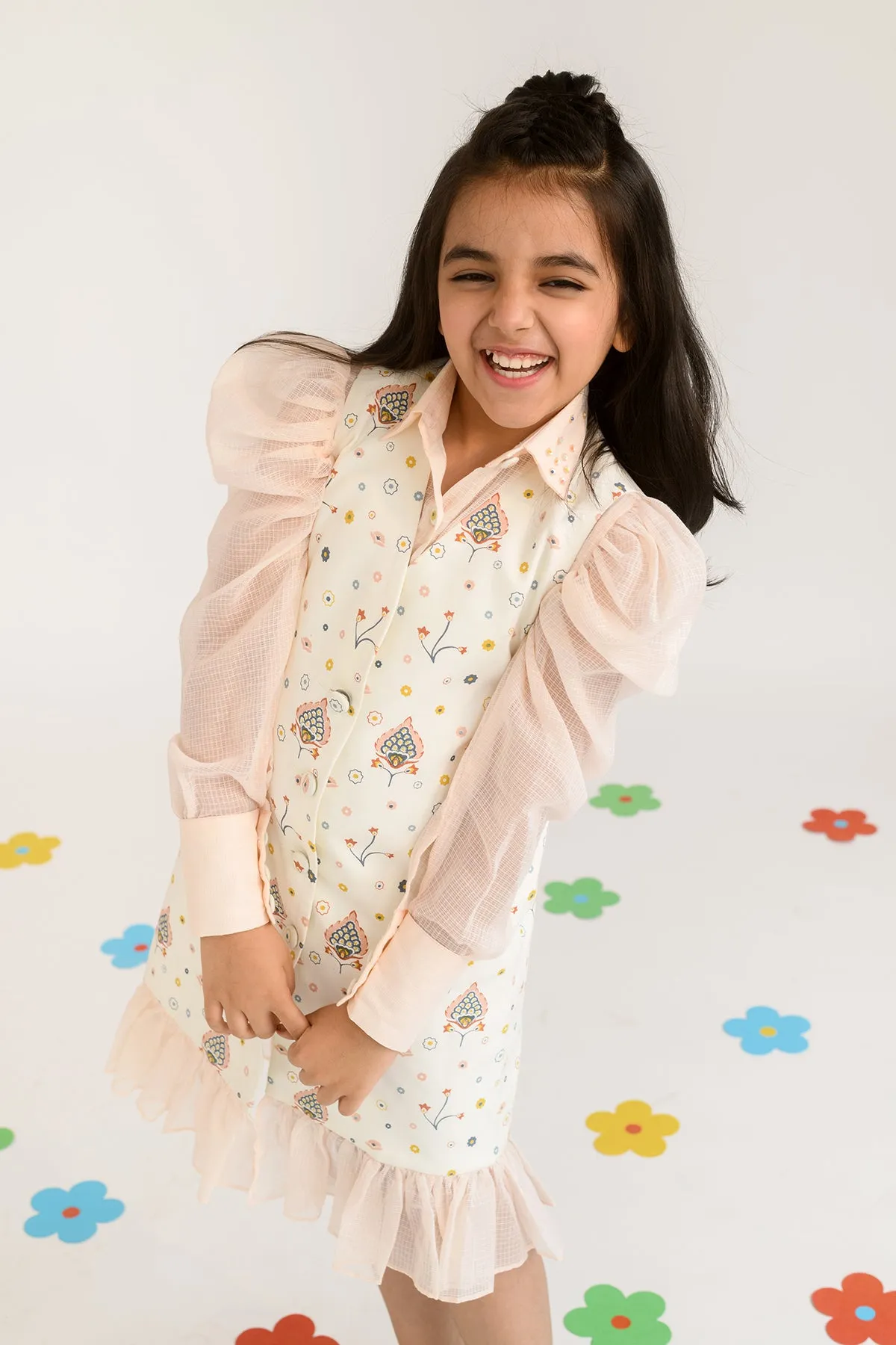 Peony Field- Printed Blazer Dress With Kota Doriya Shirt For Girls