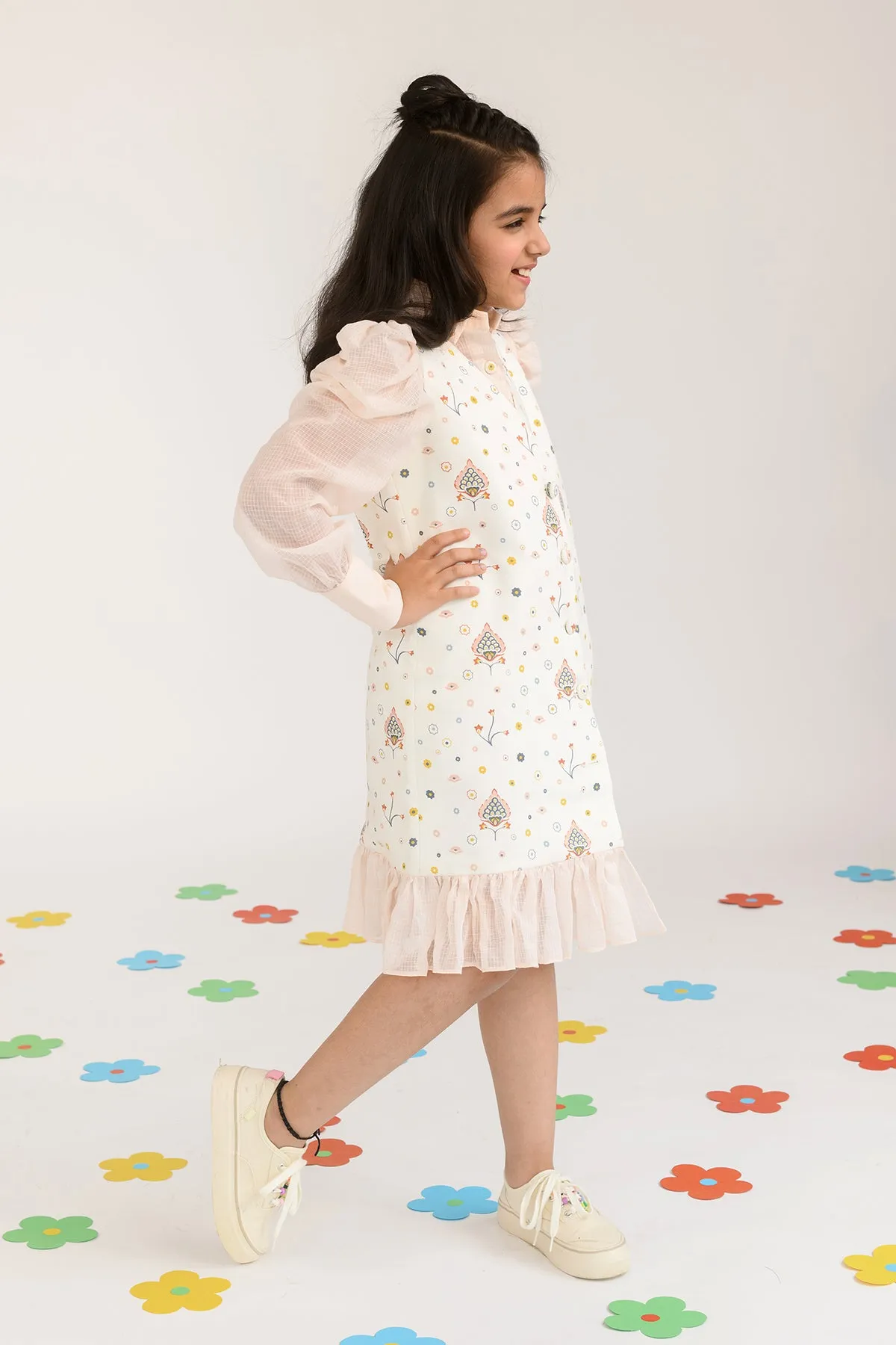 Peony Field- Printed Blazer Dress With Kota Doriya Shirt For Girls