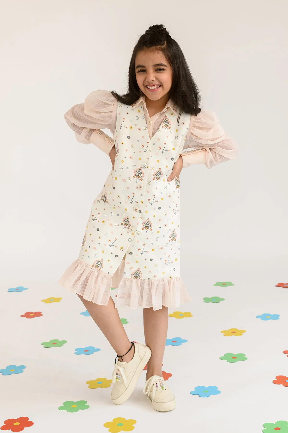 Peony Field- Printed Blazer Dress With Kota Doriya Shirt For Girls