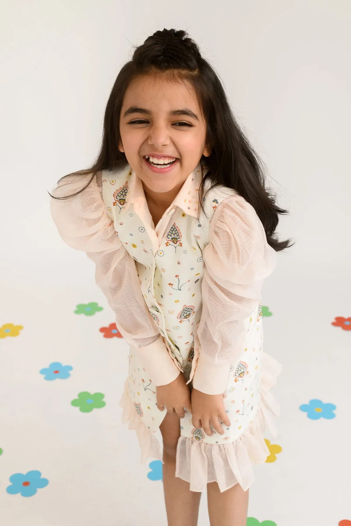 Peony Field- Printed Blazer Dress With Kota Doriya Shirt For Girls