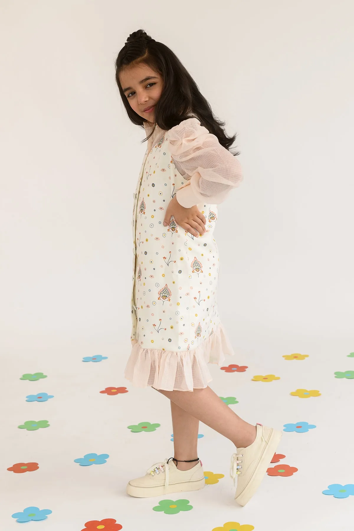 Peony Field- Printed Blazer Dress With Kota Doriya Shirt For Girls