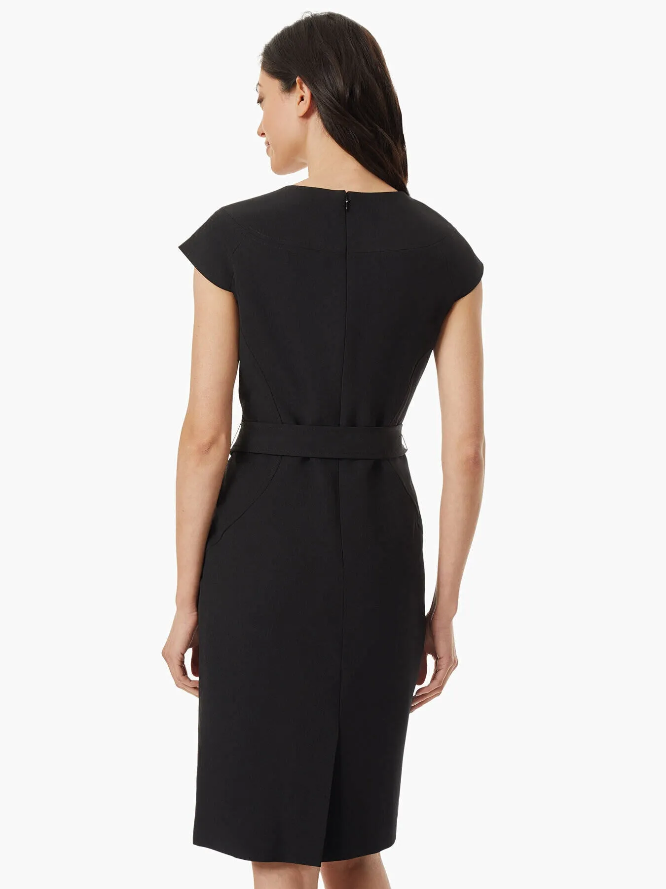 Petite Notched Neckline Belted Crepe Dress