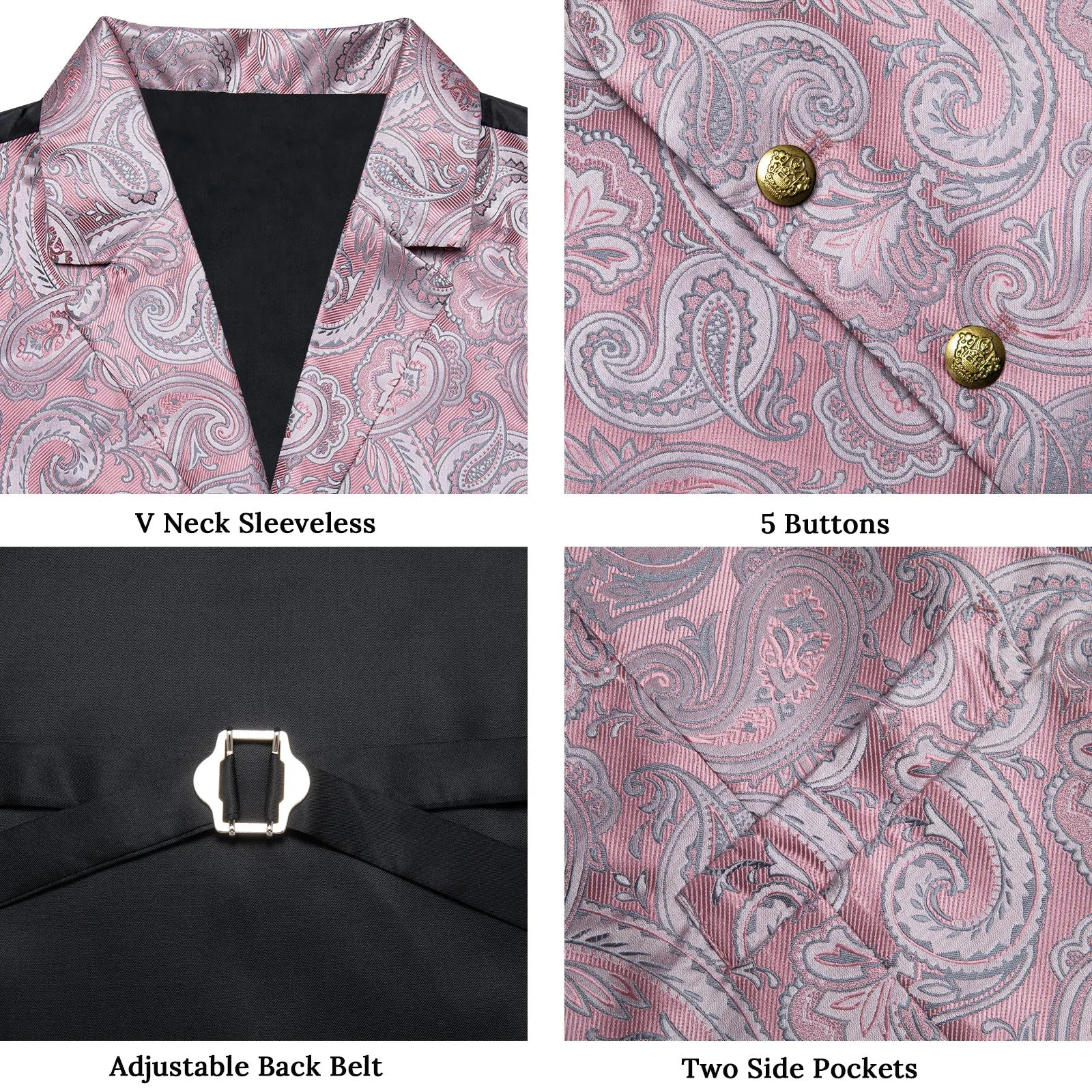 Pink Paisley Men's Collar Vest Tie Hanky Cufflinks Set Waistcoat Suit Set