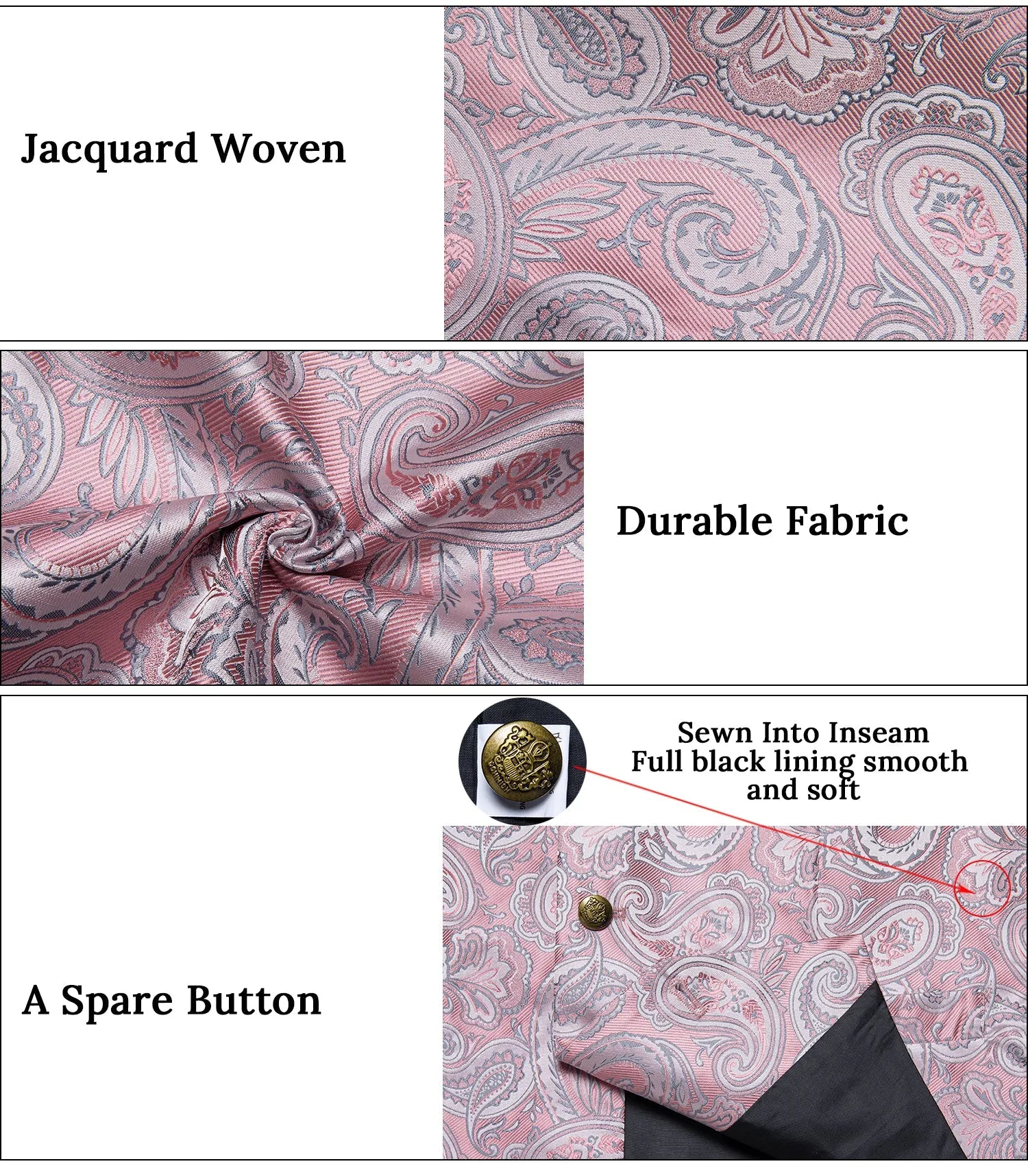 Pink Paisley Men's Collar Vest Tie Hanky Cufflinks Set Waistcoat Suit Set