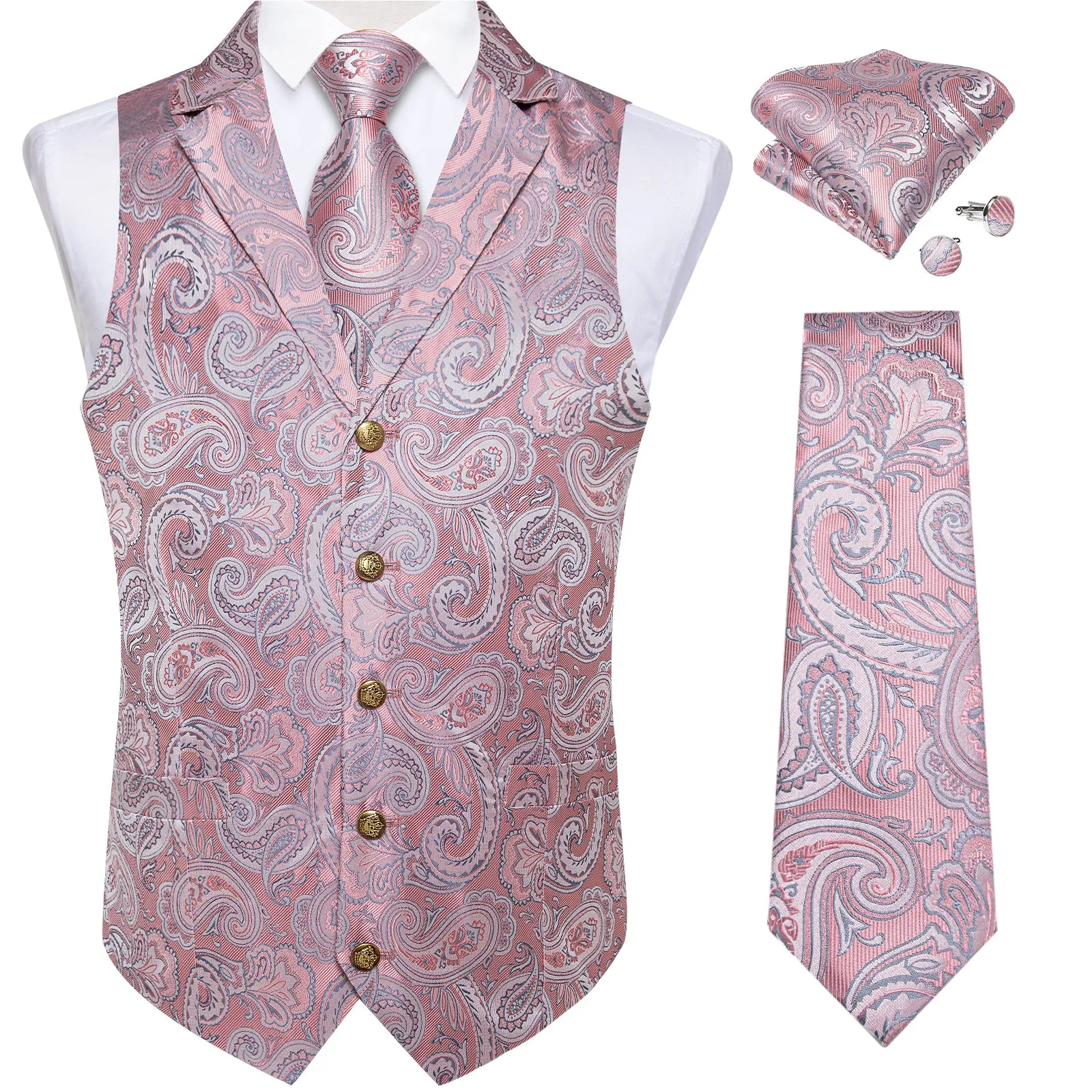 Pink Paisley Men's Collar Vest Tie Hanky Cufflinks Set Waistcoat Suit Set