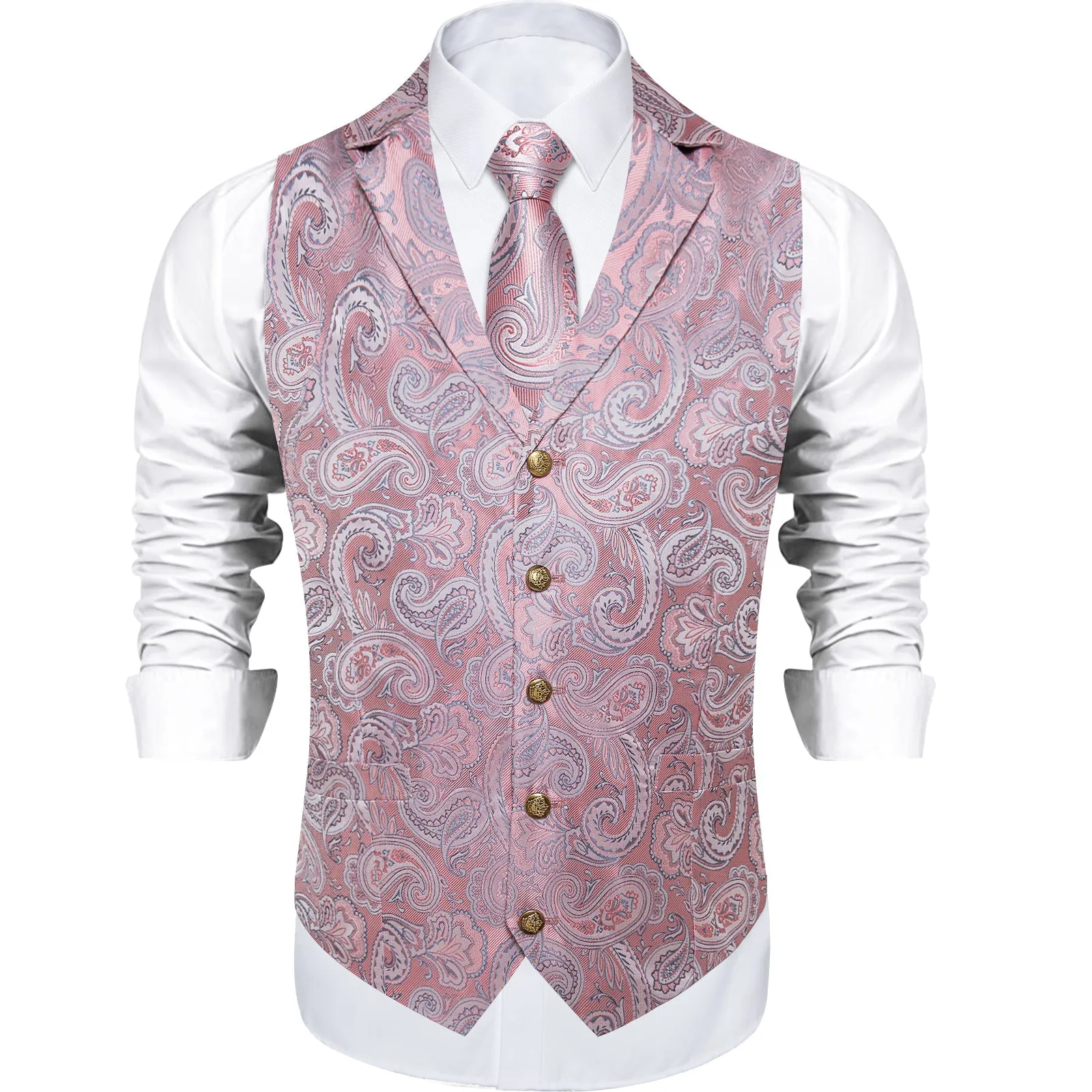 Pink Paisley Men's Collar Vest Tie Hanky Cufflinks Set Waistcoat Suit Set