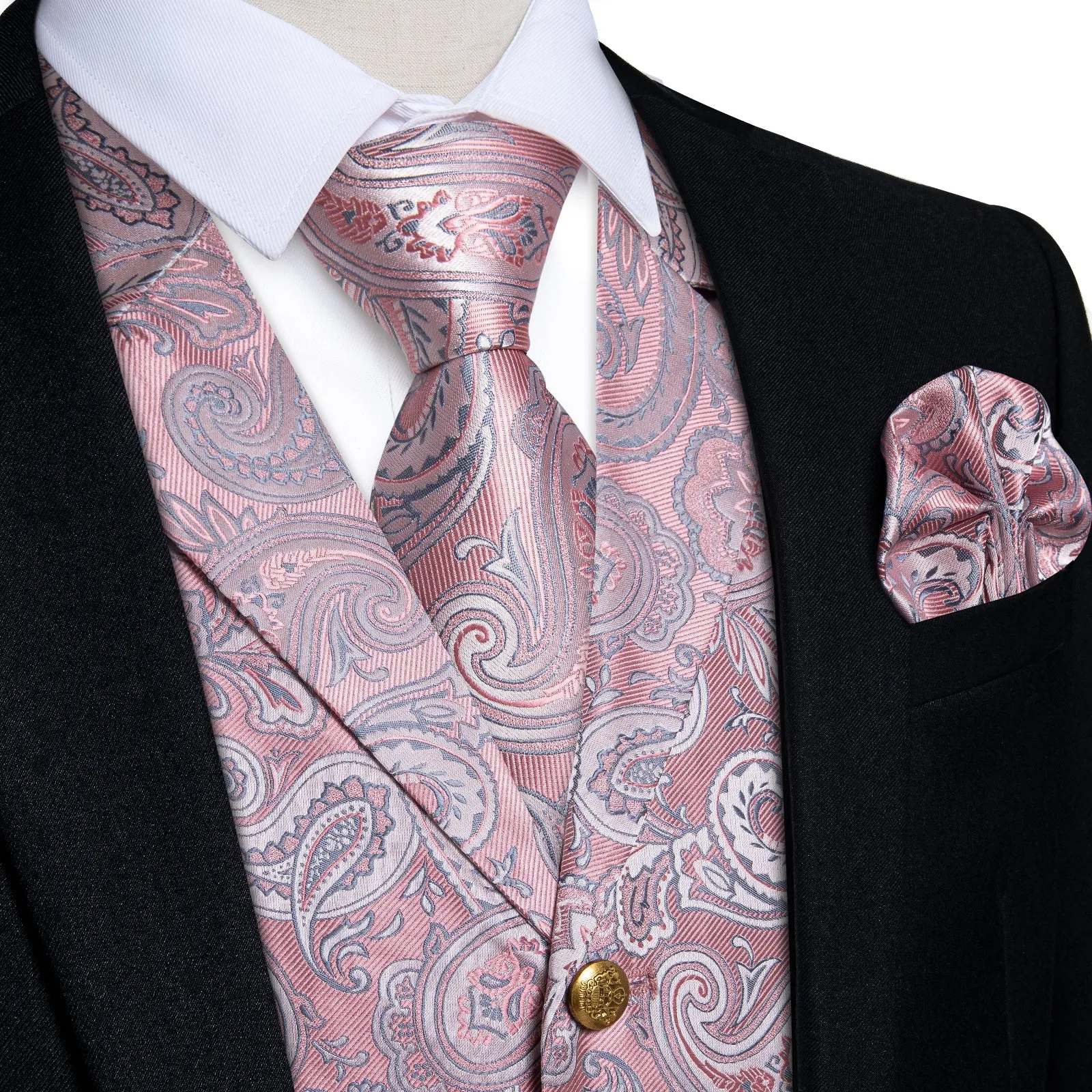 Pink Paisley Men's Collar Vest Tie Hanky Cufflinks Set Waistcoat Suit Set