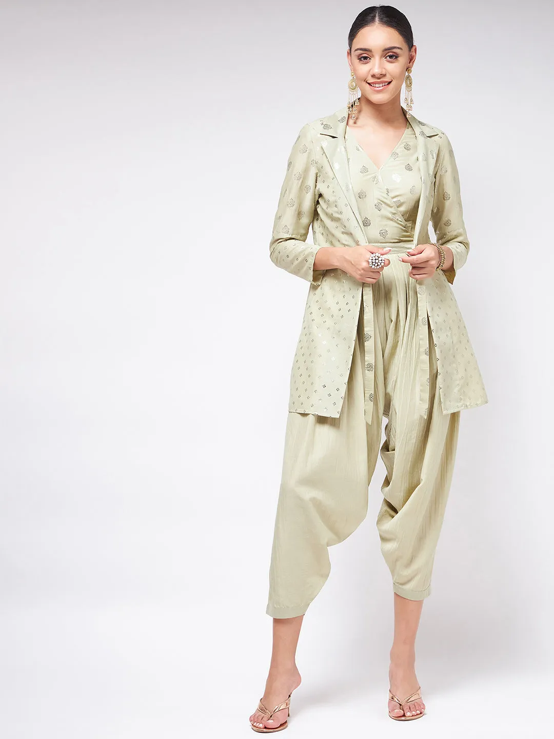 Pista Festive Foil Printed Jumpsuit With Stylish Jacket