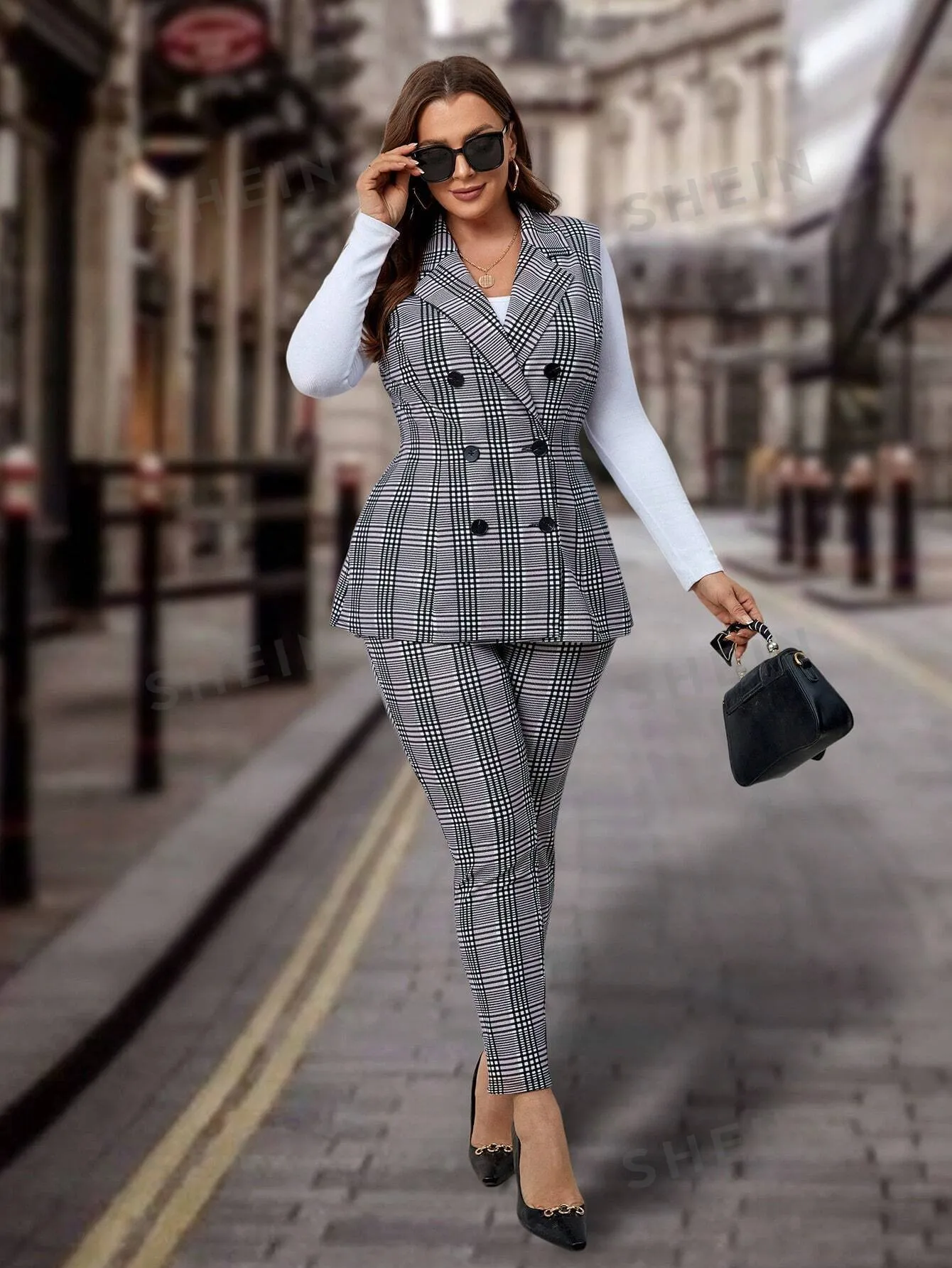 Plus Plaid Double-Breasted Vest Blazer & Pants