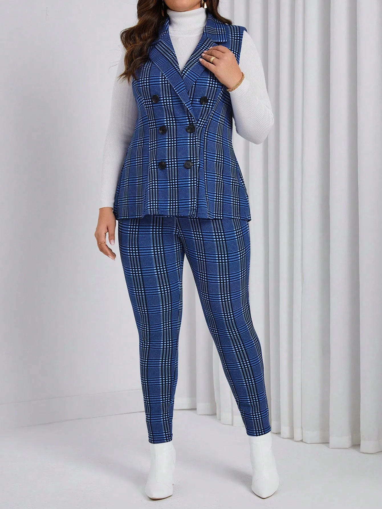 Plus Plaid Double-Breasted Vest Blazer & Pants