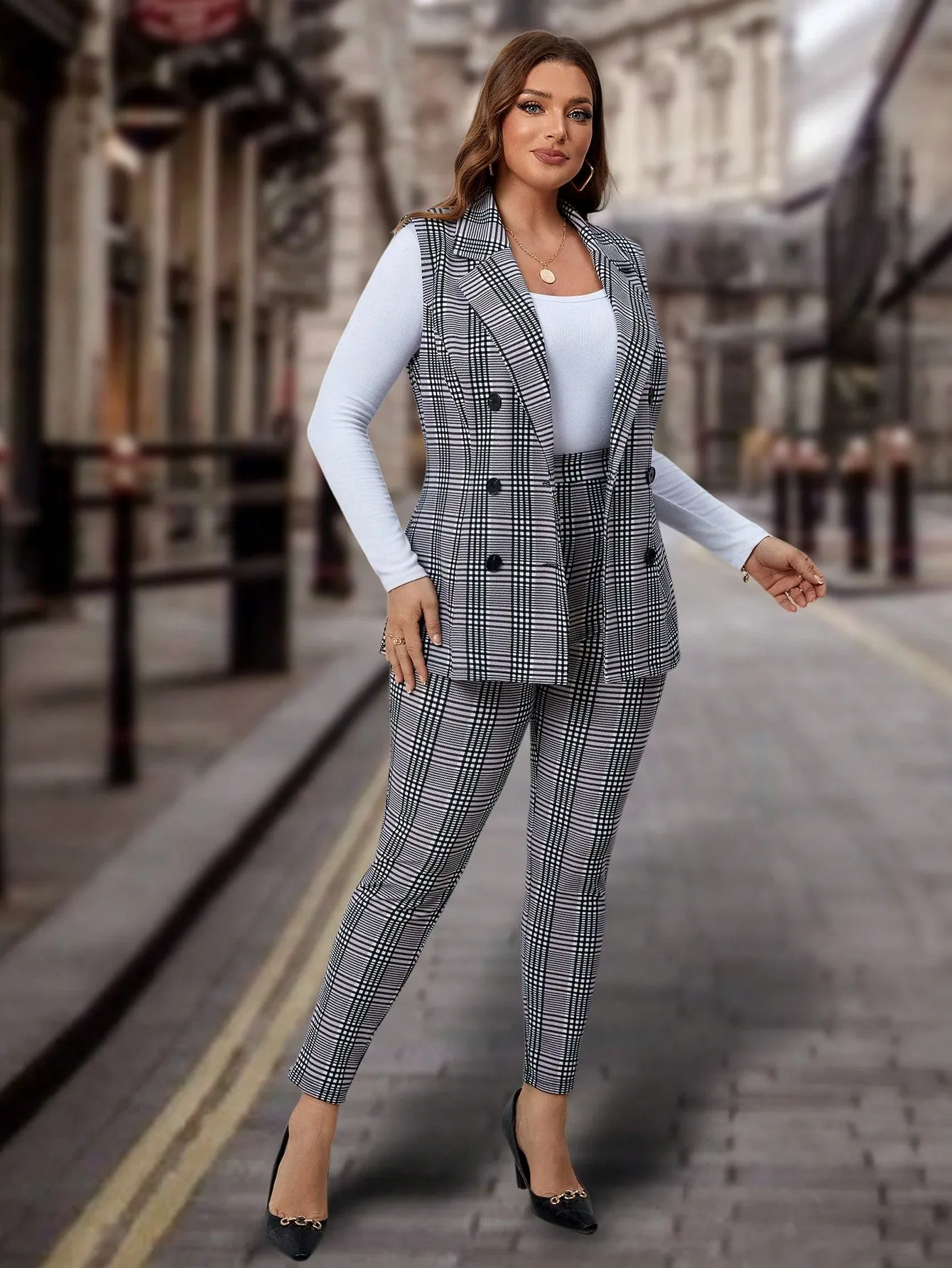 Plus Plaid Double-Breasted Vest Blazer & Pants