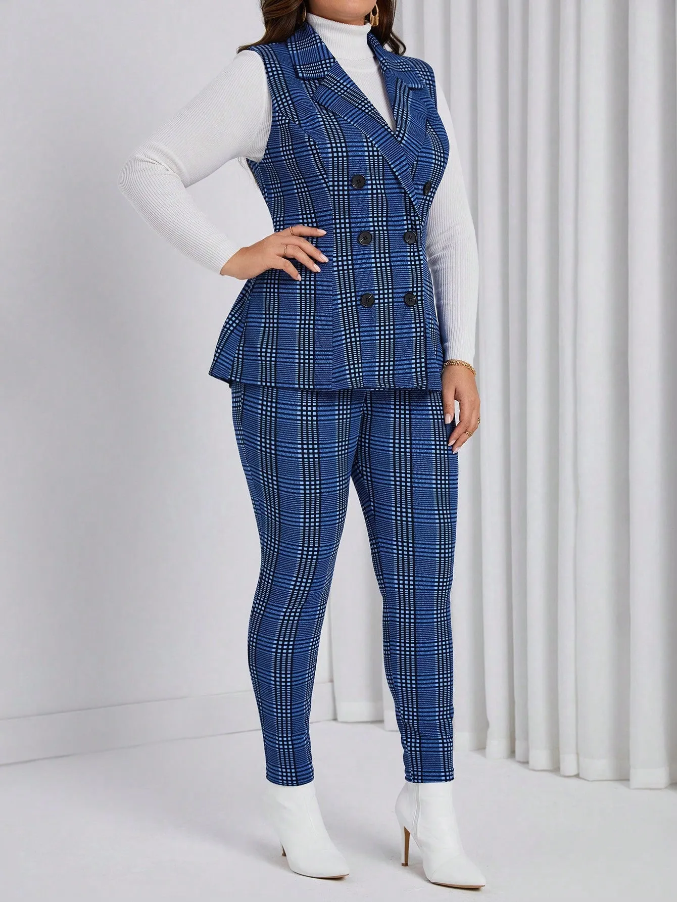 Plus Plaid Double-Breasted Vest Blazer & Pants