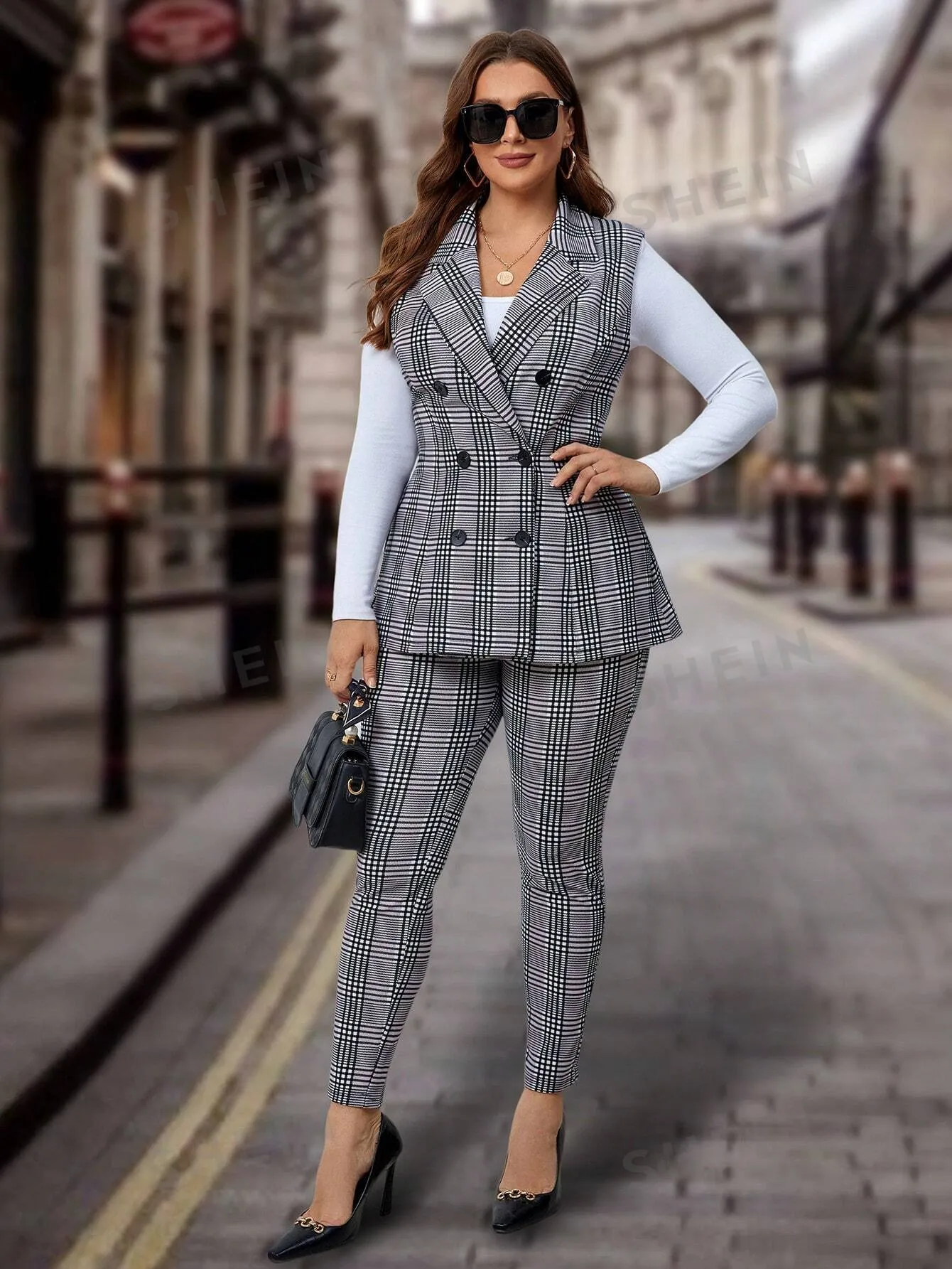 Plus Plaid Double-Breasted Vest Blazer & Pants