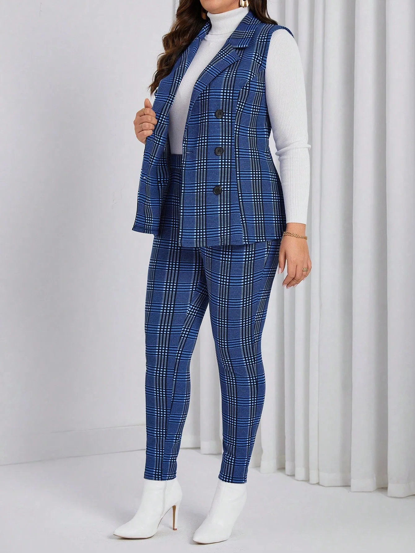 Plus Plaid Double-Breasted Vest Blazer & Pants