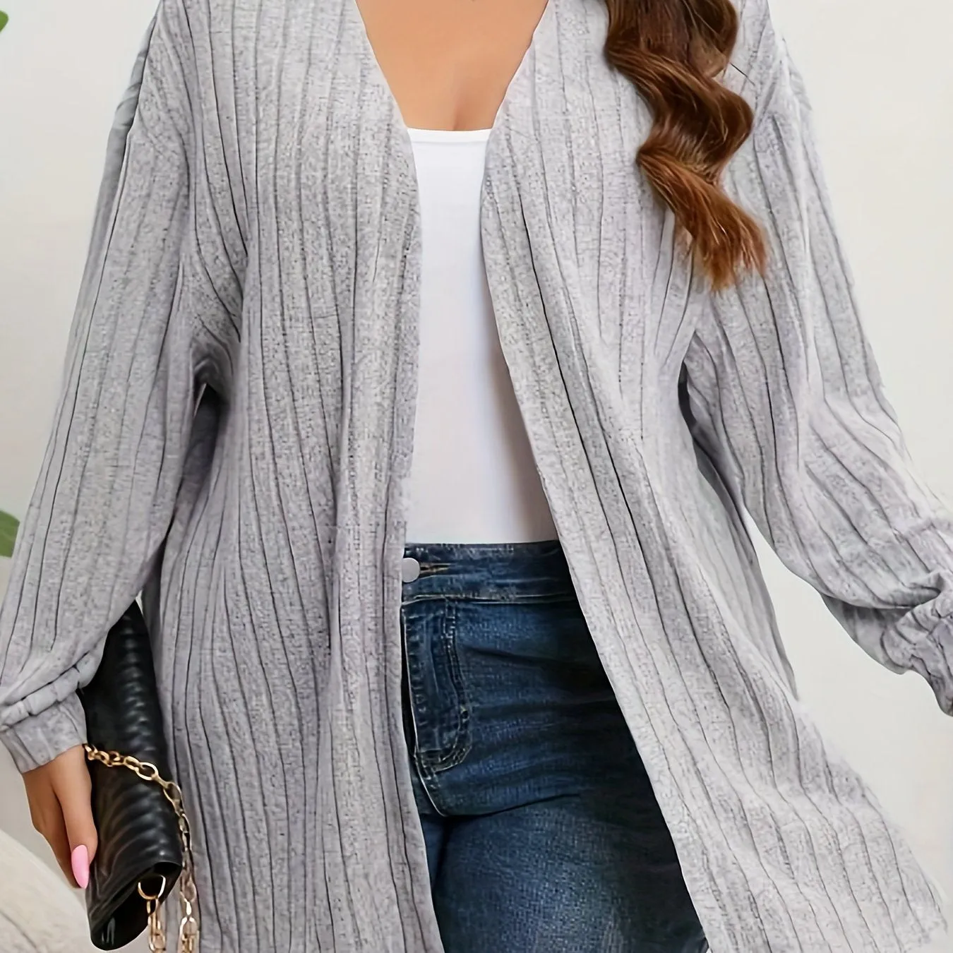 Plus Size Solid Ribbed Open Front Cardigan for Women