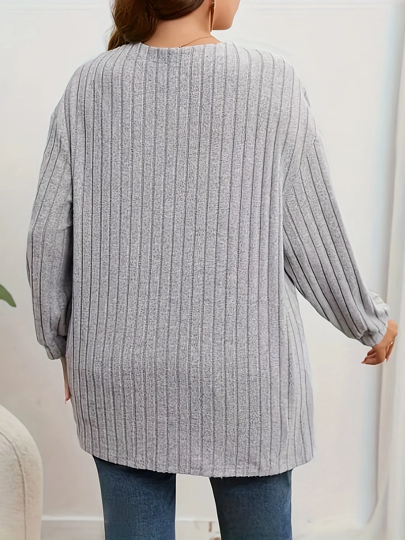 Plus Size Solid Ribbed Open Front Cardigan for Women