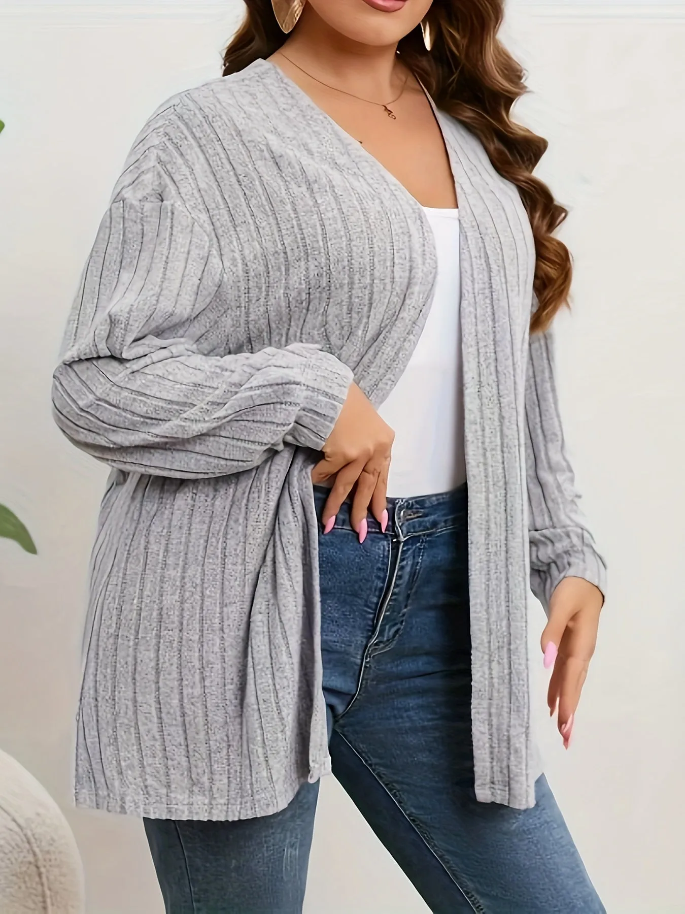 Plus Size Solid Ribbed Open Front Cardigan for Women