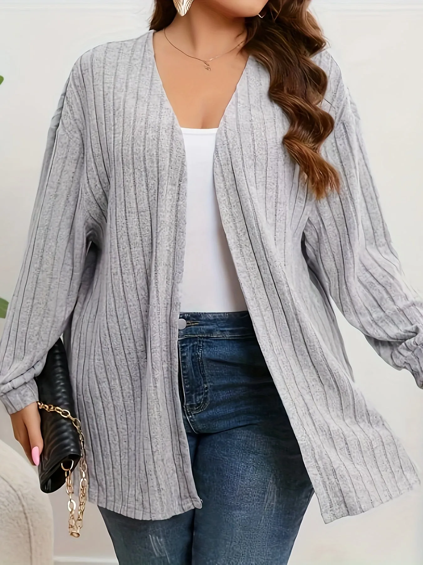 Plus Size Solid Ribbed Open Front Cardigan for Women