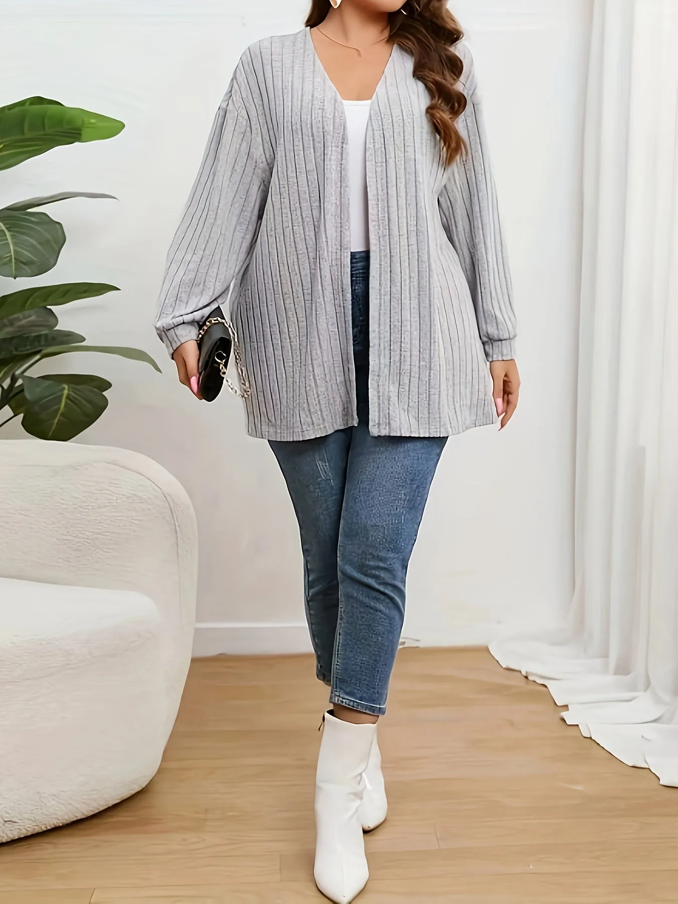 Plus Size Solid Ribbed Open Front Cardigan for Women