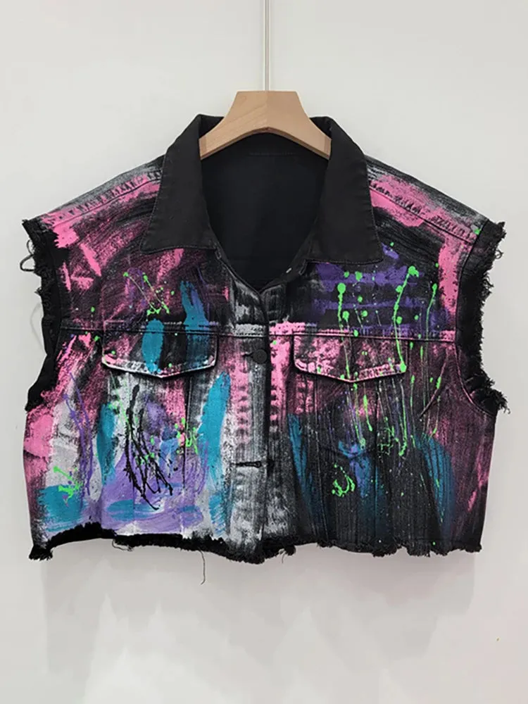 Pre Order:  Hand-Painted Graffiti Short Denim Vest