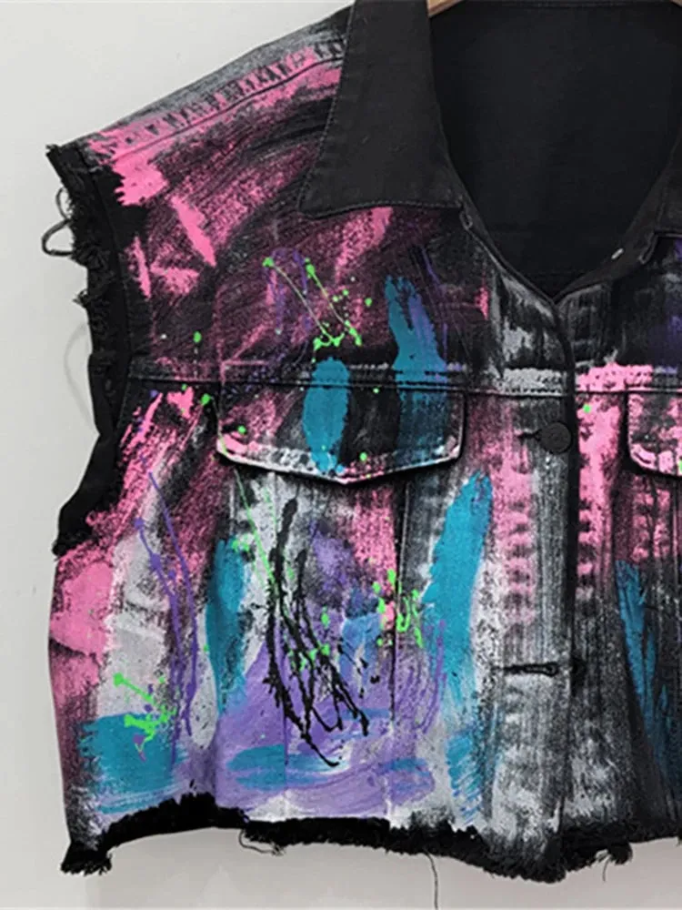 Pre Order:  Hand-Painted Graffiti Short Denim Vest