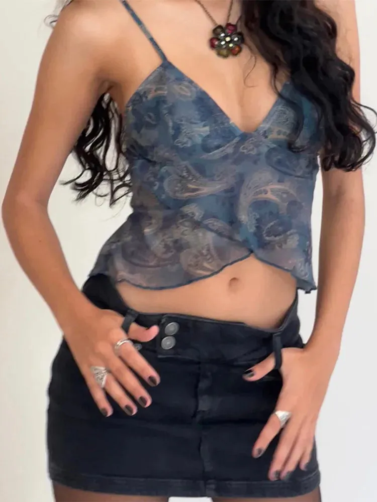 Printed Mesh Crop Top