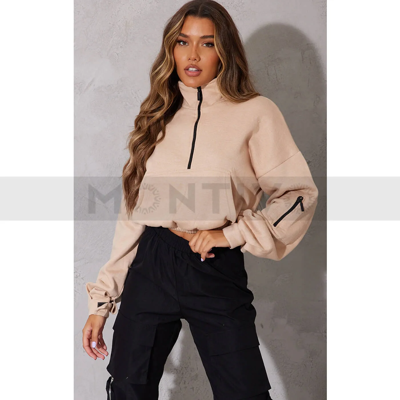 PTL Sand Oversized Zip Front Sweatshirt