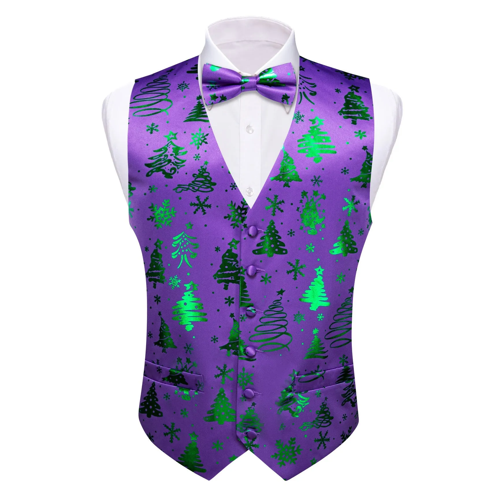 Purple Green Christmas Tree Novelty Silk Men's Vest Bow Tie Set Waistcoat Suit Set