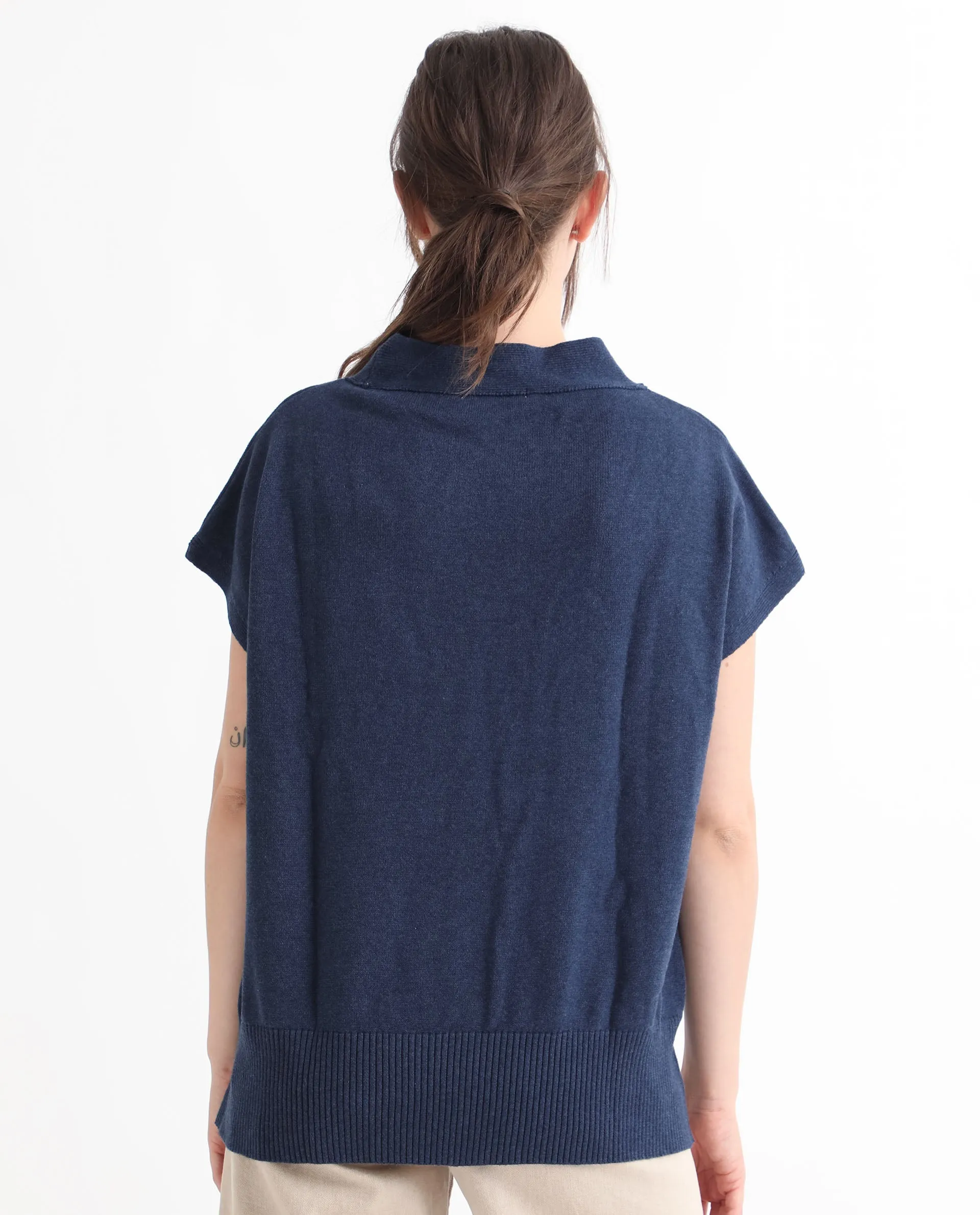 Rareism Women Pave Blue Cotton Fabric Half Sleeves Regular Fit Solid V-Neck Sweater