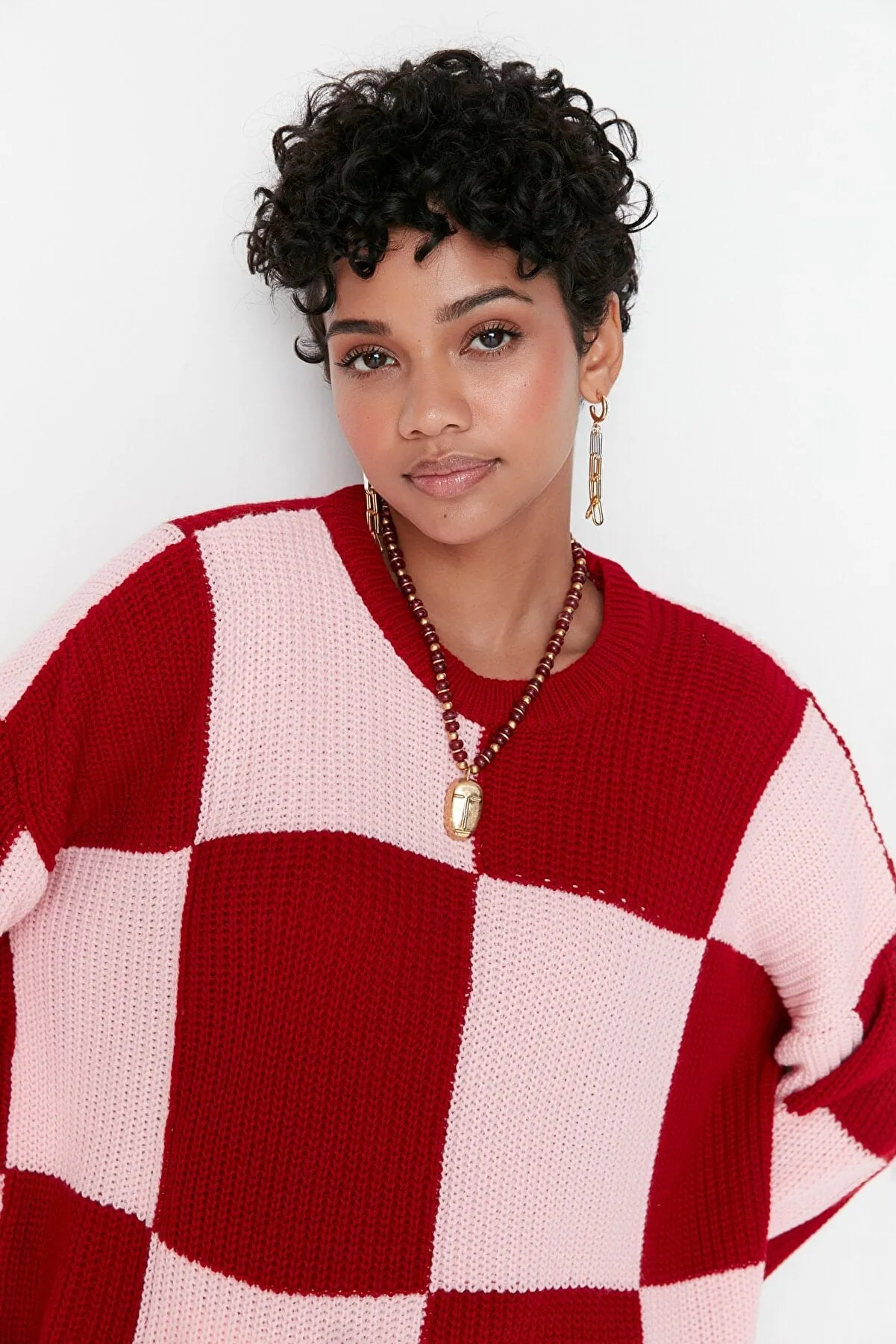 Red Pink Checkers Pattern Crew Neck Knitwear Sweater - Trendyol Modest