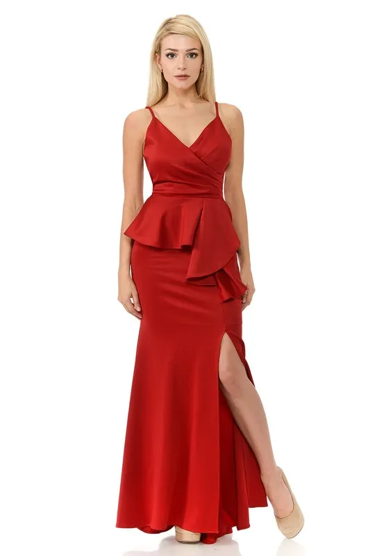 Red Wrap Top Strap Peplum Waist Thigh Slit Long Dress