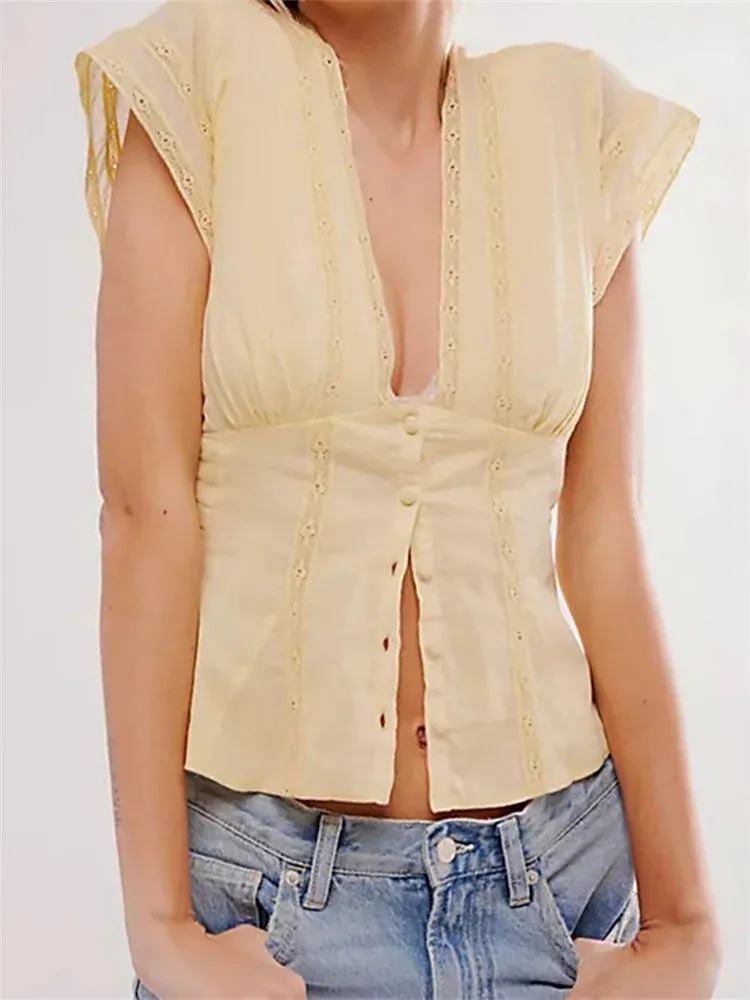 Retro Lace Patchwork Button Down Cami Top