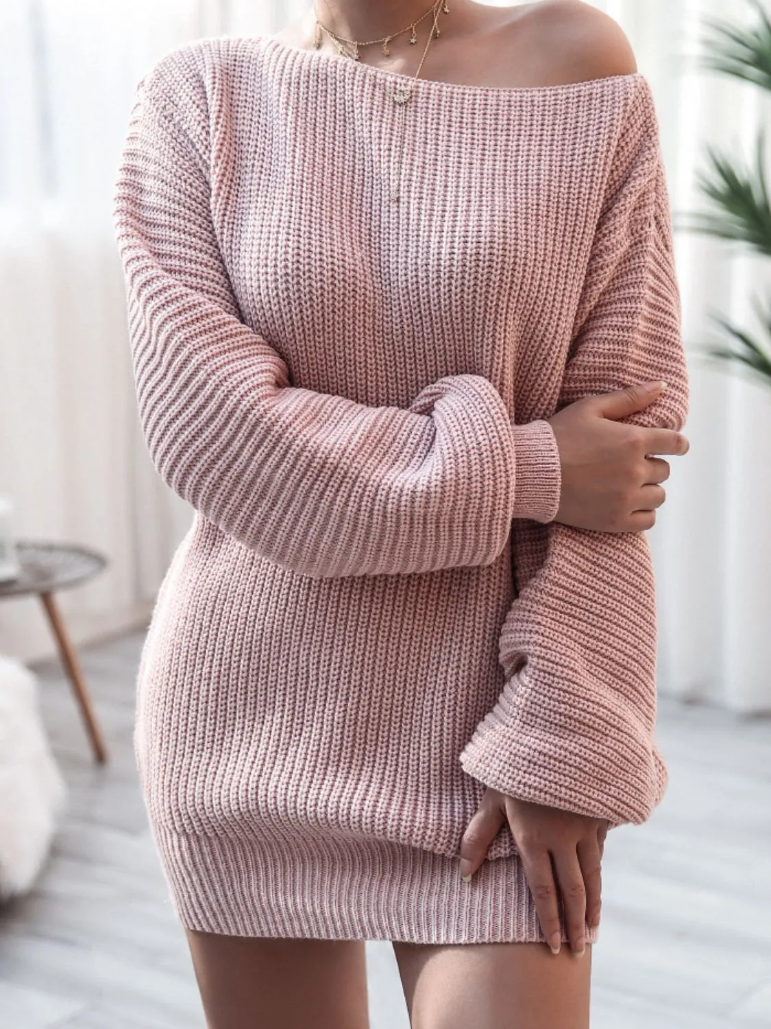 Rib-Knit Balloon Sleeve Boat Neck Sweater Dress