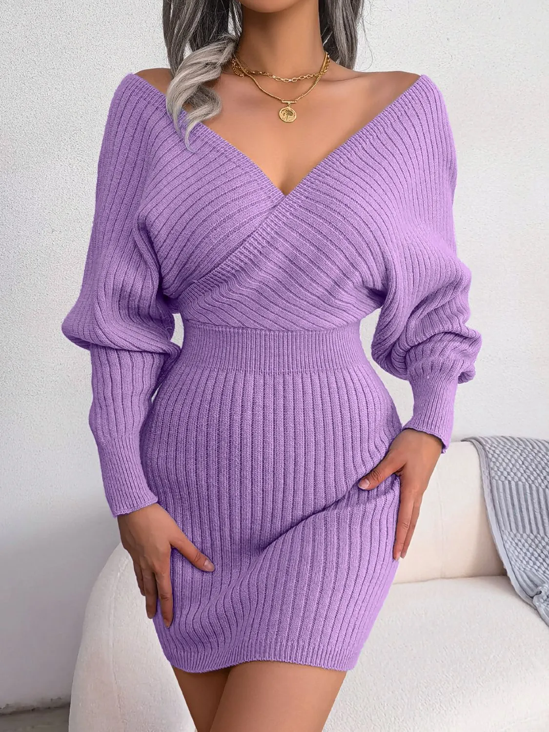 Rib-Knit Dolman Sleeve Sweater Dress