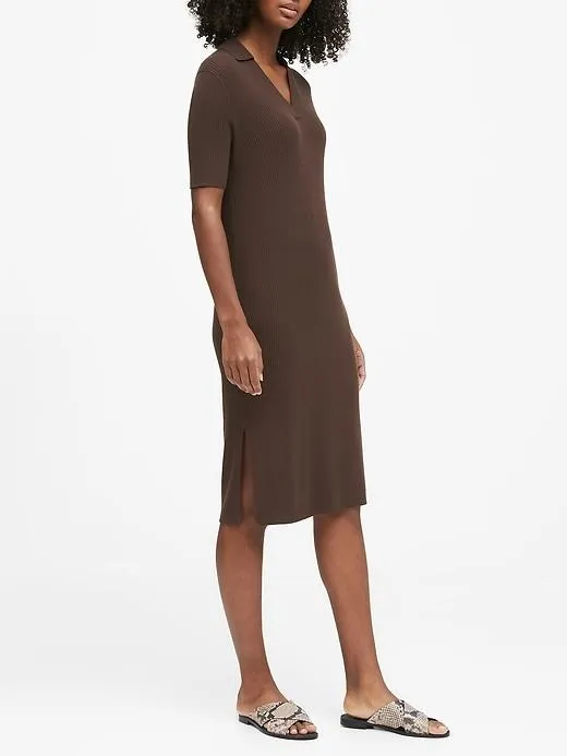 Ribbed Polo Sweater Dress in Bark Brown