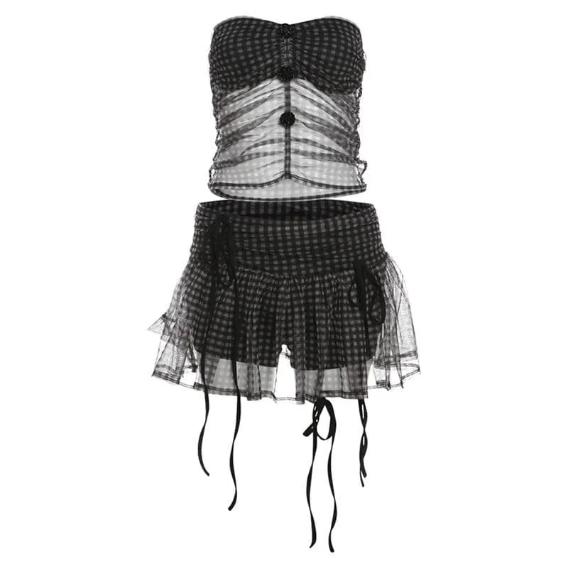 Rose applique plaid mesh ruched tube mini skirt set