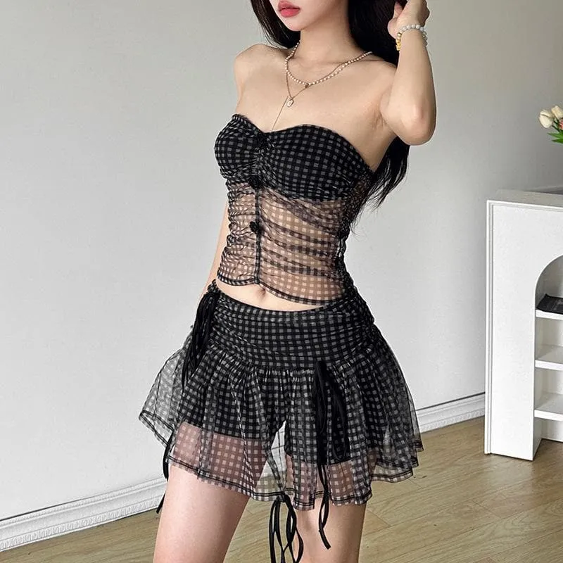 Rose applique plaid mesh ruched tube mini skirt set