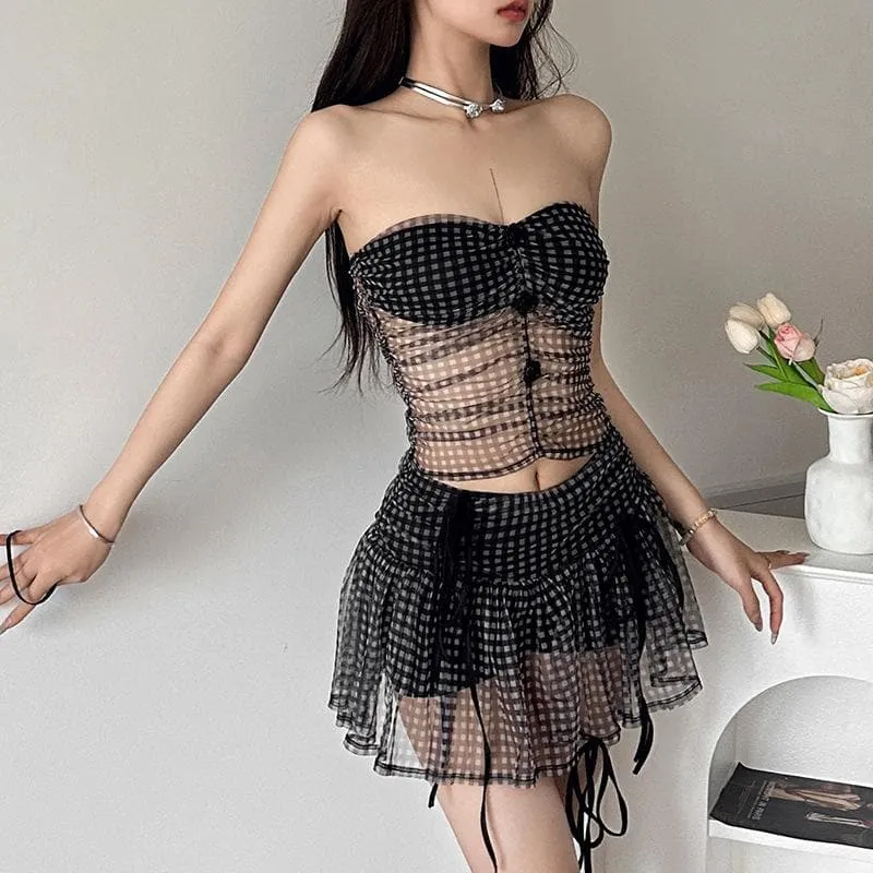 Rose applique plaid mesh ruched tube mini skirt set