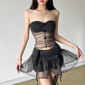 Rose applique plaid mesh ruched tube mini skirt set