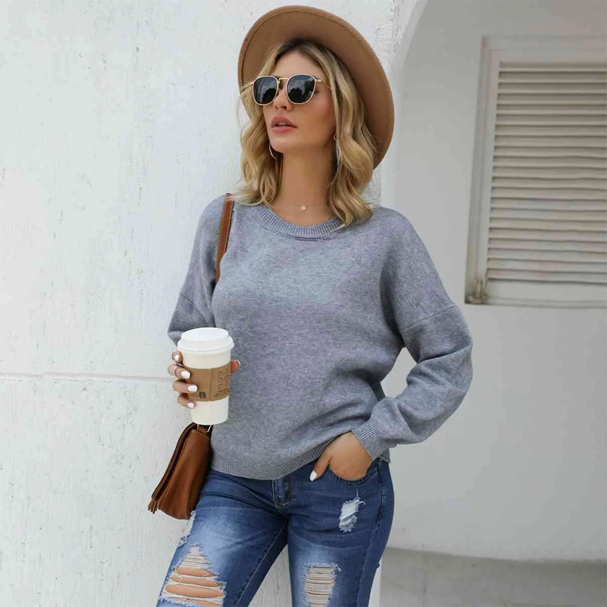 Round Neck Long Sleeve Drop Shoulder Sweater