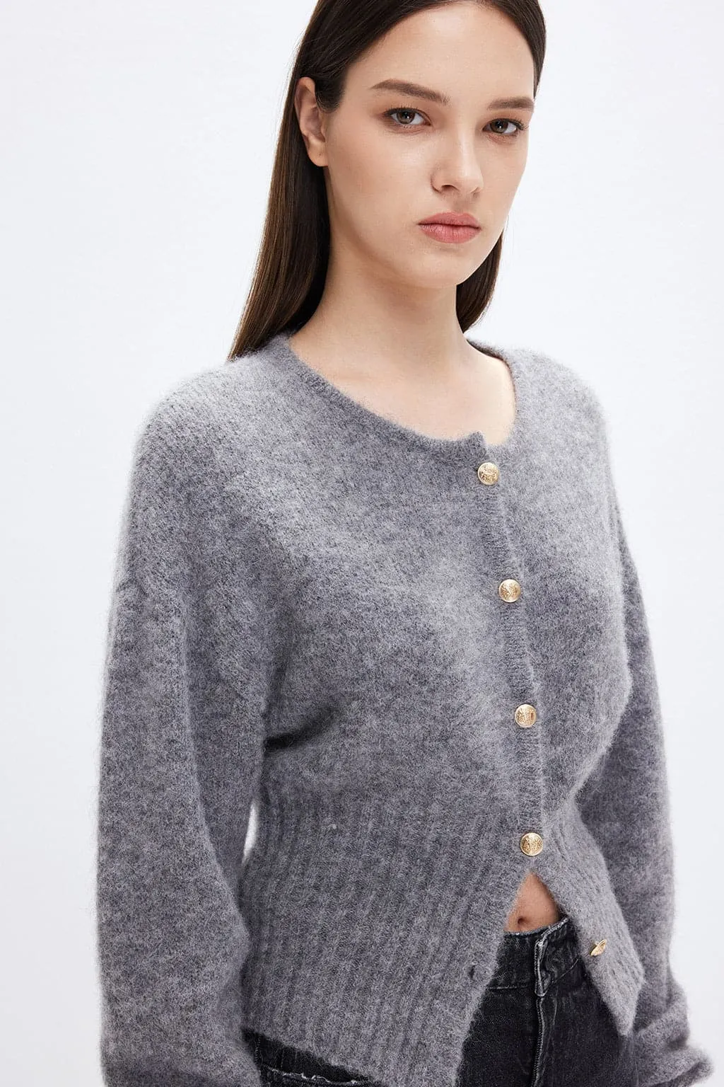 Round Neck Slim-Fit Cardigan With Gold Buttons