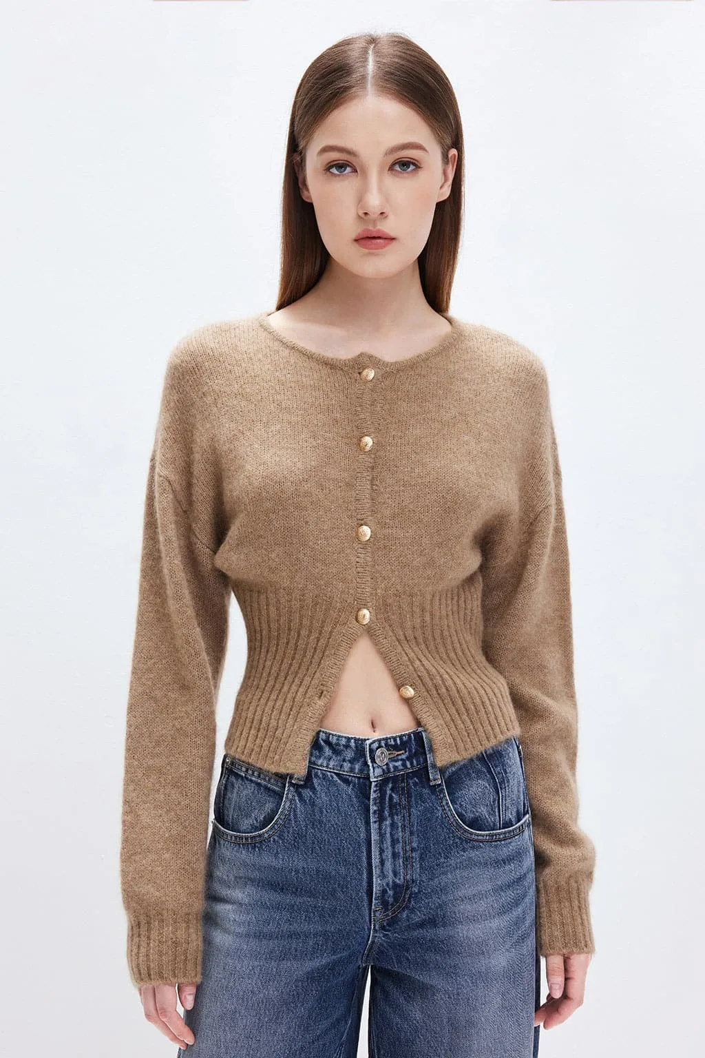 Round Neck Slim-Fit Cardigan With Gold Buttons