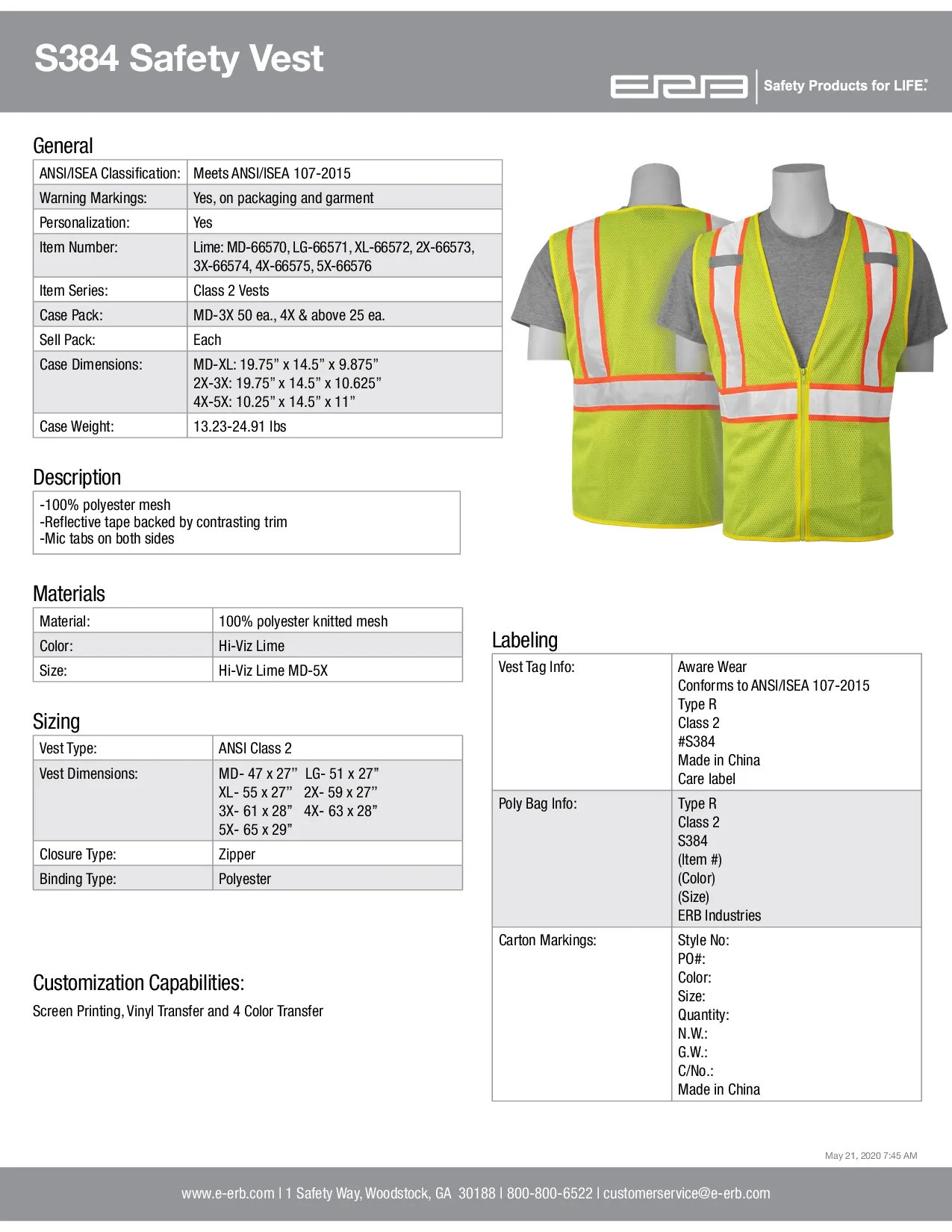 S384 CL2 Mesh Safety Vest with Contrasting Trim 1PC