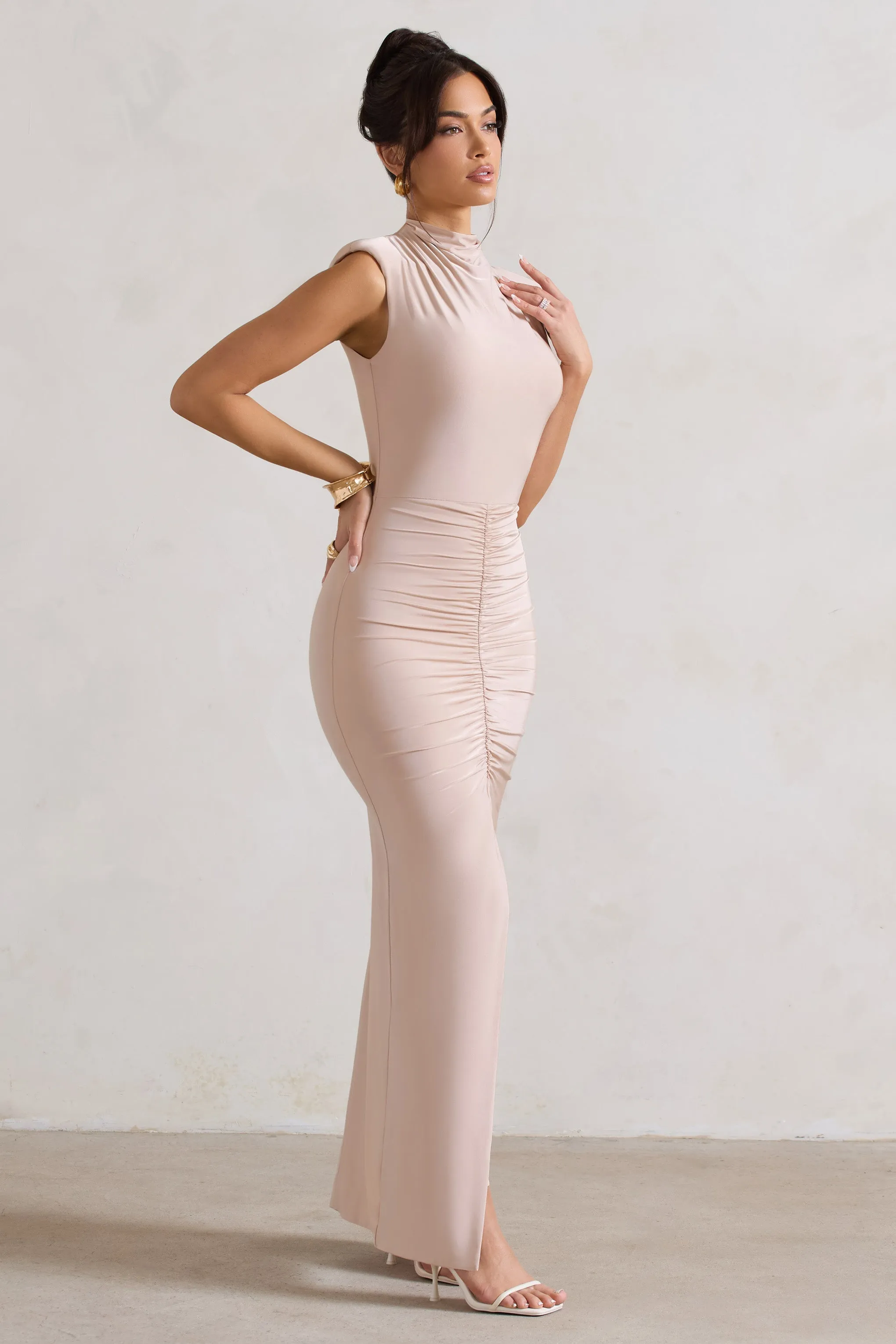 Samira | Champagne Ruched High-Neck Split Maxi Dress